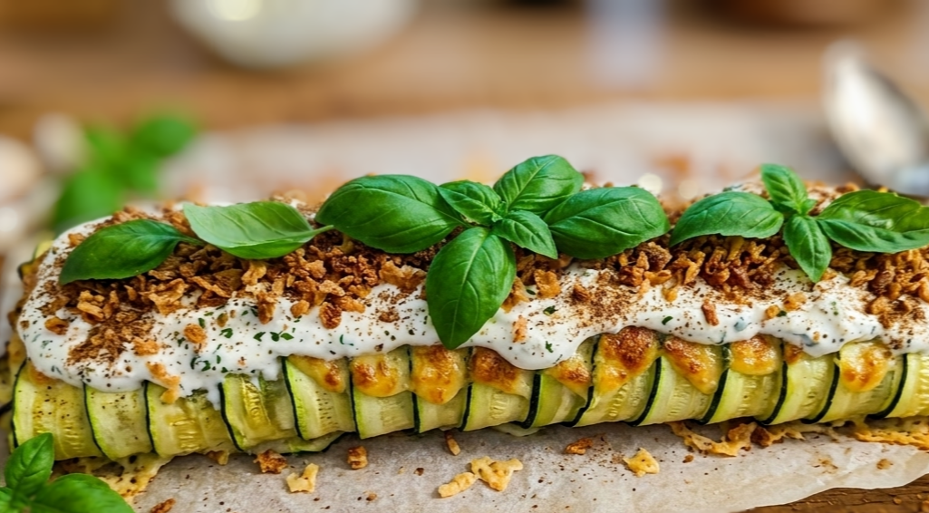 Krémes - fokhagymás cukkinitekercs ropogós  hagymával ( Keto - barát vacsora) recept fotó
